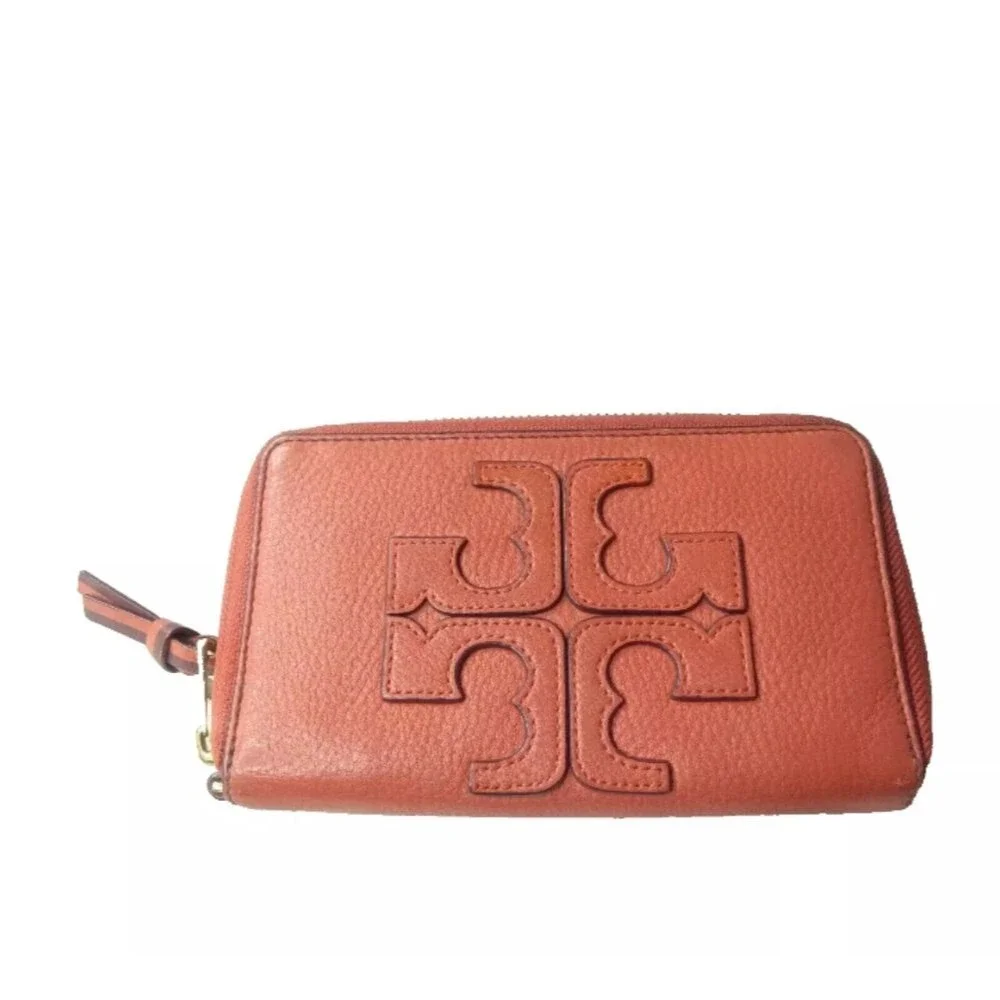 Tory Burch Berkeley Leather Wallet Burnt Orange Zip Around
